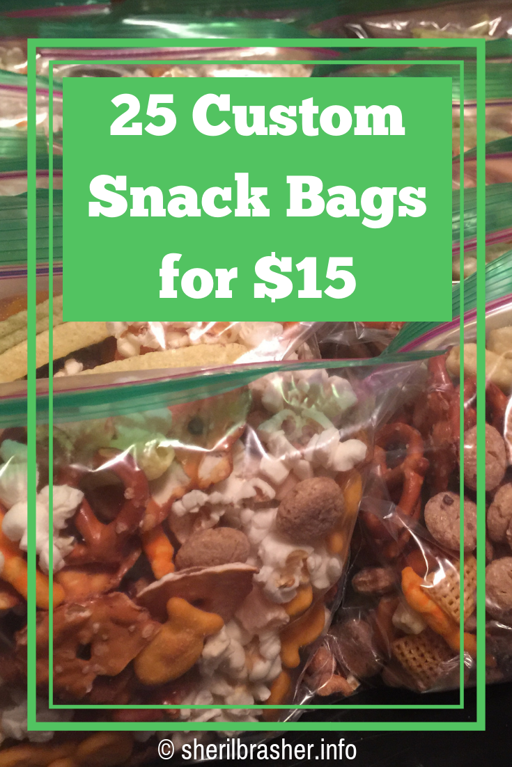 25 Custom Snack Bags for only $15! These are a great way to stretch that snack budget for the your kids' lunches and they get to pick their favorites! Win, Win for everybody! Find out how we did it over at sherilbrasher.info/school-resources