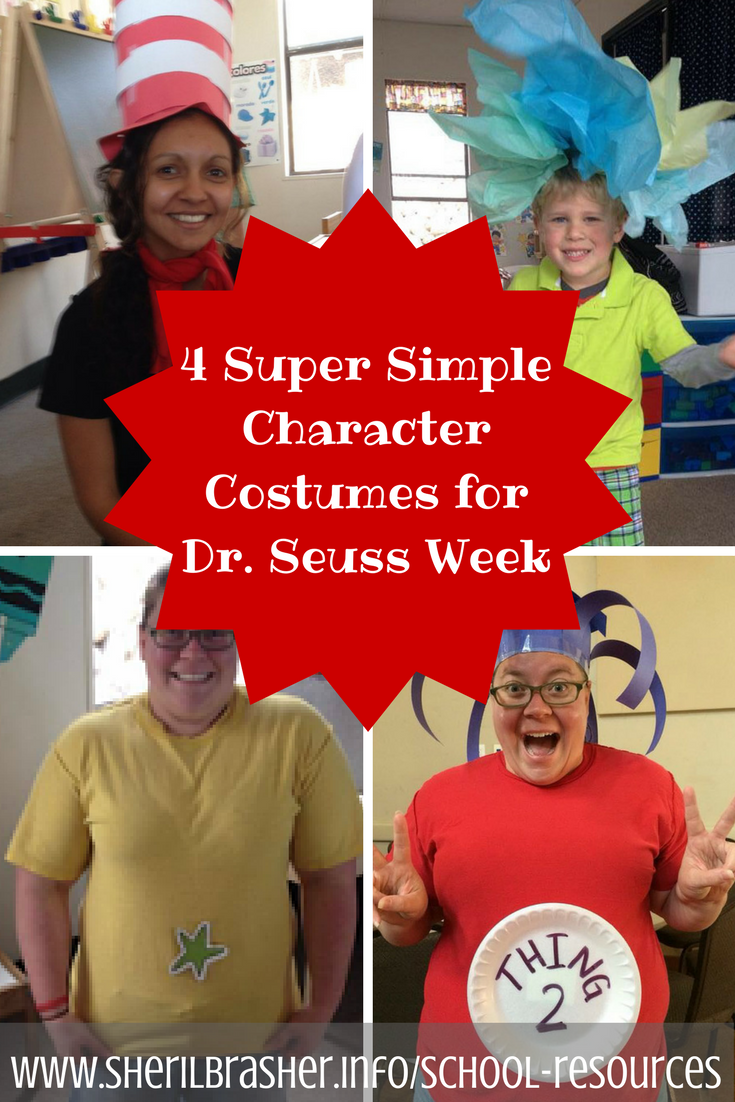 4 Last Minute and Super Simple Dr Seuss Character Costumes for Dr Seuss Week at school. How many times have you forgotten a dress-up day and the night before or even the morning of suddenly with a slap to the forehead, you remember. You frantically try to come up with something but are out of ideas. Well, look no further than www.sherilbrasher.info/school-resources for your next Dr Seuss Character Costume Ideas. 