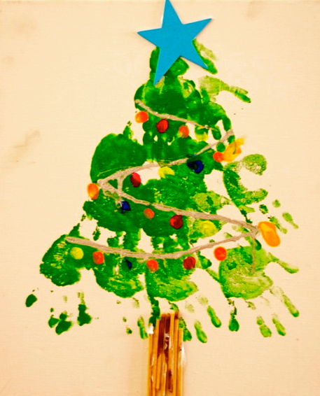 Preschool Craft: Handprint Christmas Tree Hanging. A super simple christmas gift for parents. Great for preschool & elementary school teachers. Uses are endless (pillow, wall hanging, t-shirt, etc).  #christmas #handprint #teacher